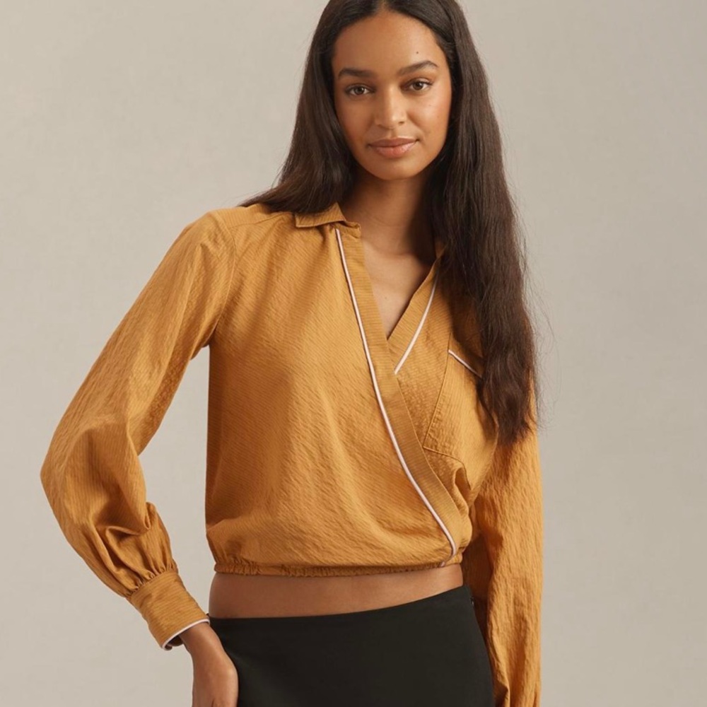 NWT Maeve Long-Sleeve Piped Wrap Blouse